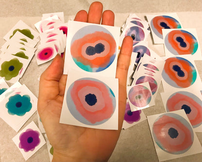 Round Stickers of colorful skin cell- Low-grade dysplasia squamous cell stickers.  Shows HPV affect or koilocytic changes.