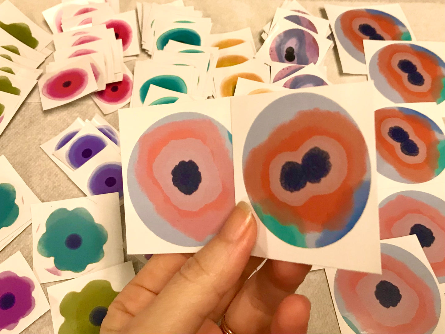 Round Stickers of colorful skin cell- Low-grade dysplasia squamous cell stickers.  Shows HPV affect or koilocytic changes.