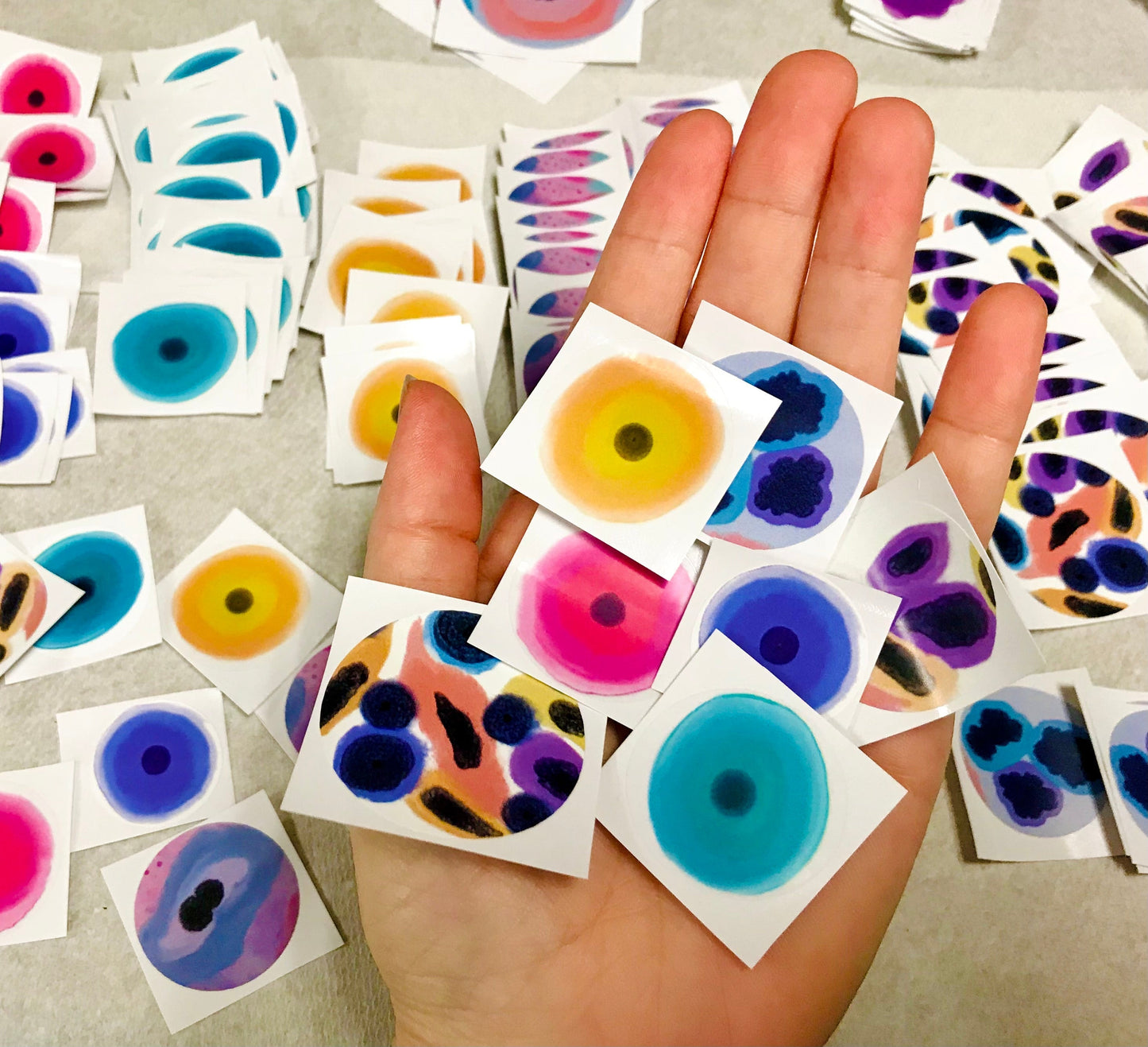 Stickers group of 3, 6 or 9 colorful skin cells.  Benign and dysplasia squamous cell stickers.  You will get a mixture of the stickers in the pictures.  You will get a good mixture of the cell stickers in the pictures.