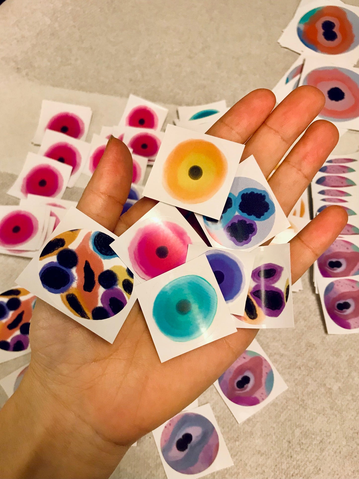 Cells Stickers group of 3, 6 or 9 colorful skin cells.  Benign and dysplasia squamous cell stickers.