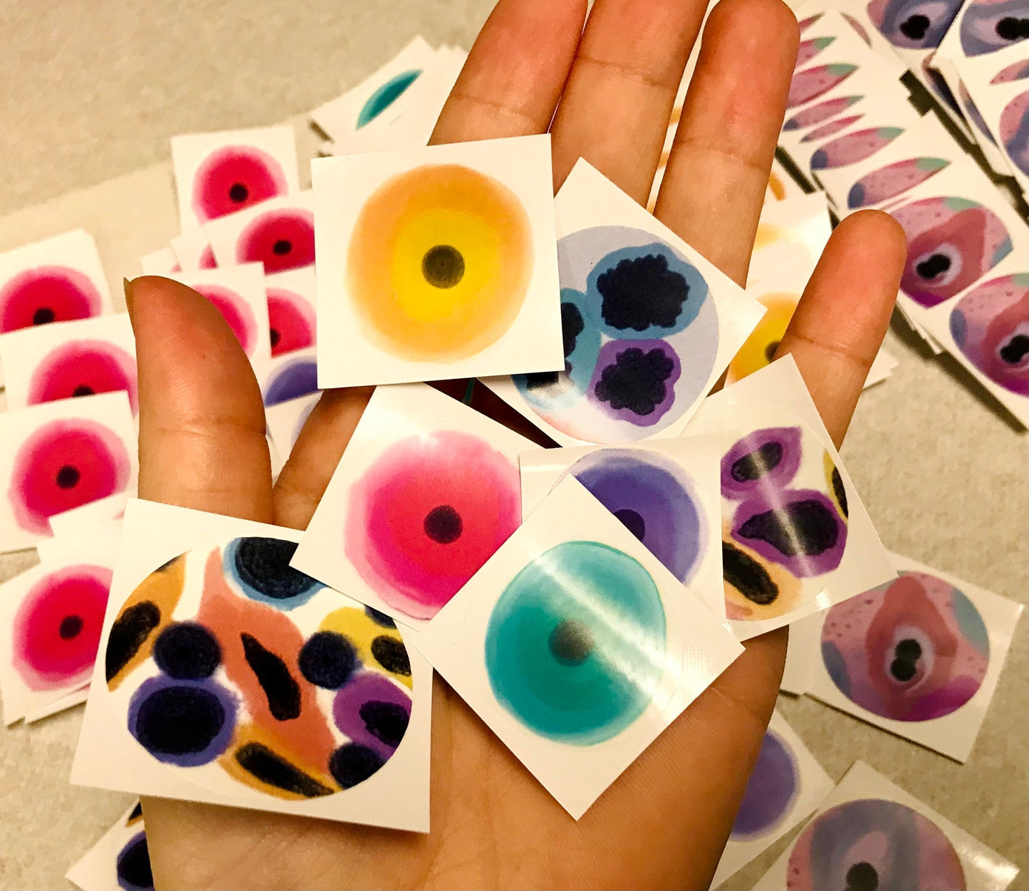 Cells Stickers group of 3, 6 or 9 colorful skin cells.  Benign and dysplasia squamous cell stickers.